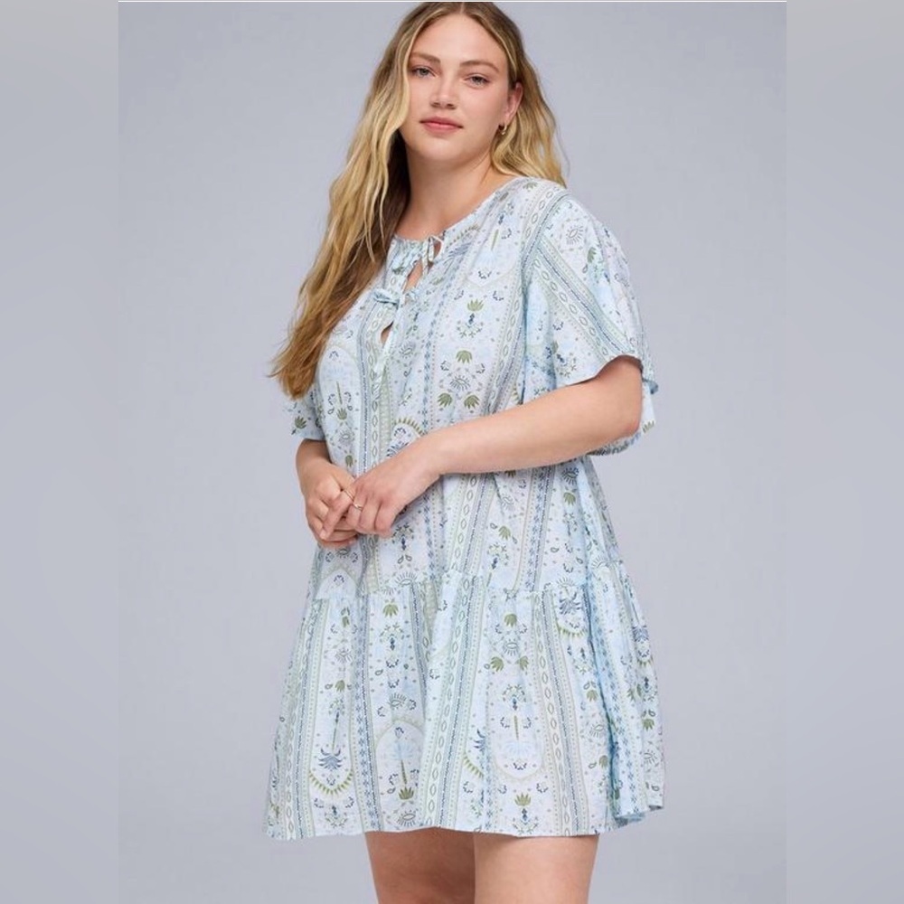 Belle Isle Pop Over Mini Dress Carolina Palms Light Blue Size 1 Blue Green